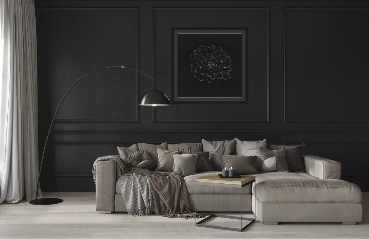 Moody stylish room with comfy lounge and dark charcoal walls with the Fine Art Photograph Empower featured on the wall